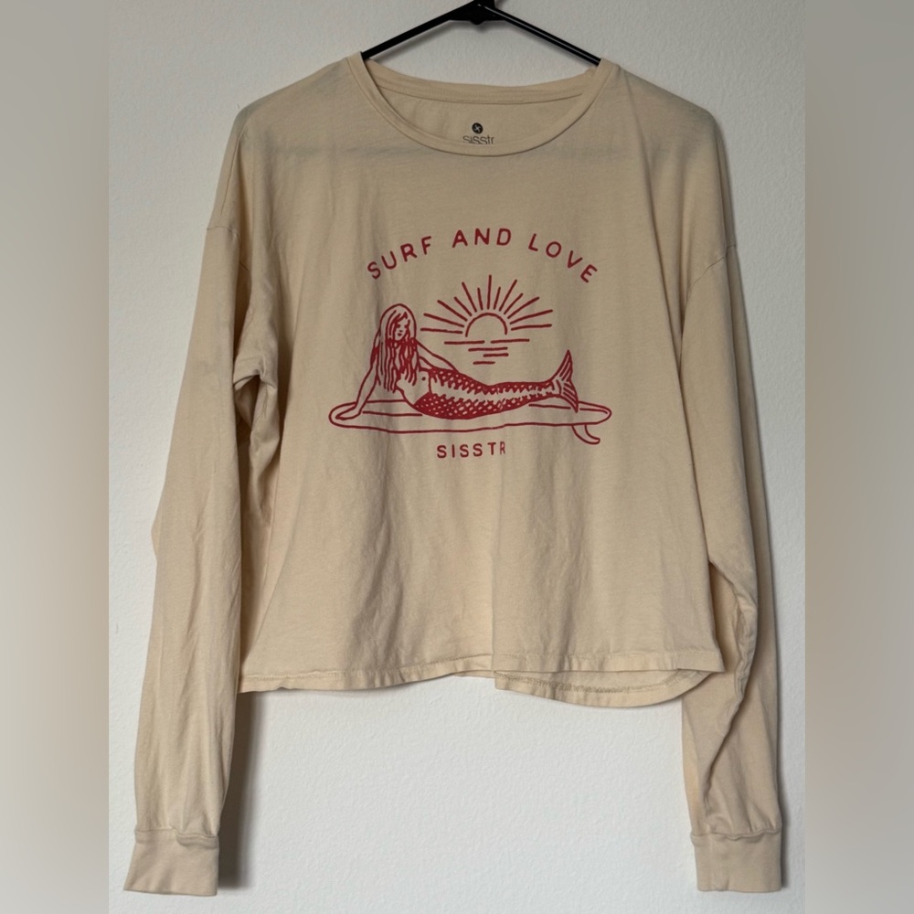 Sisstr Surf and Love Oversized Long Sleeve Crop Tee - Cream with Red Graphic